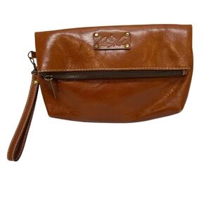 Patricia Nash Valerie Leather Cognac Brown Fold Over Wristlet Clutch Handbag